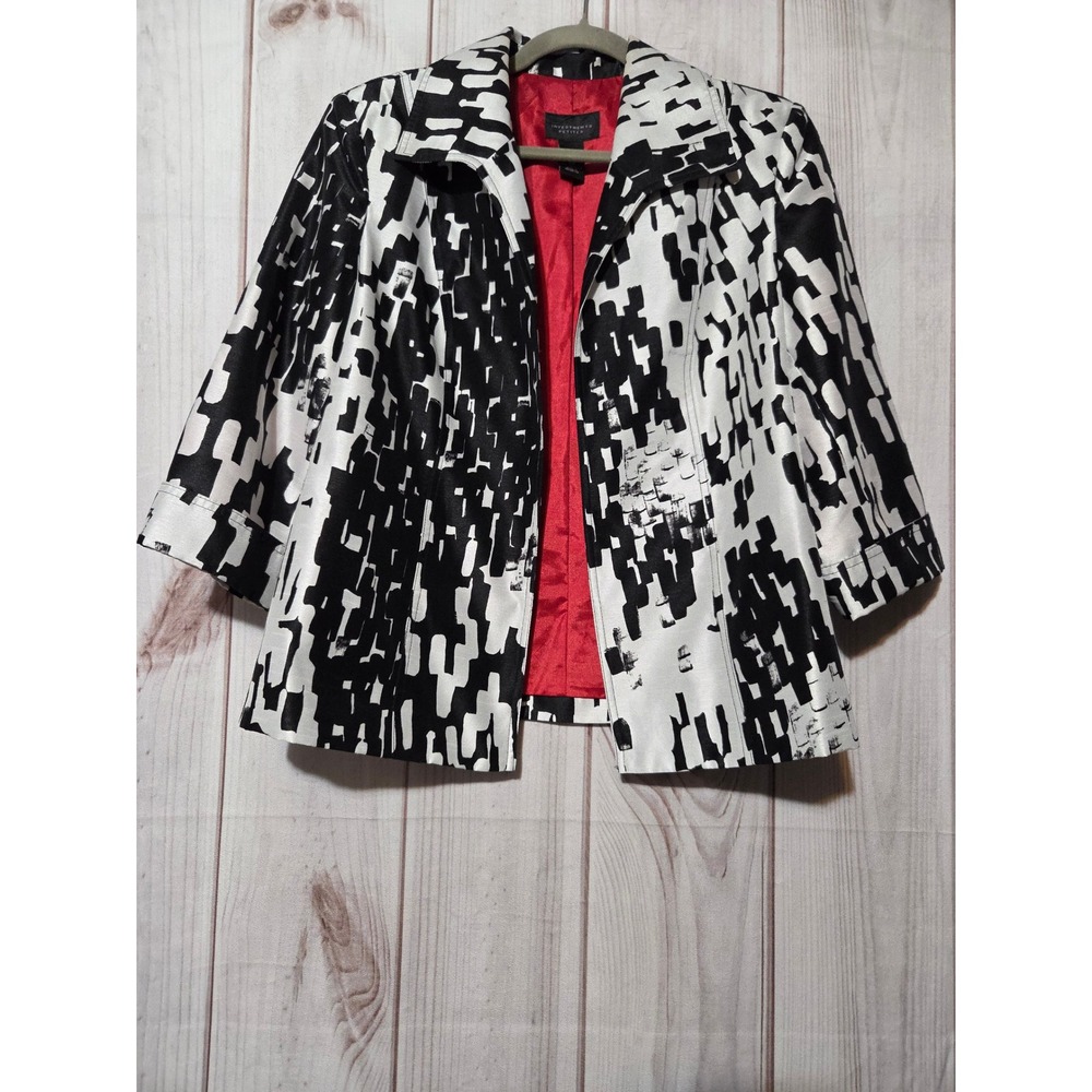Investments Petite Womens 16P Black White Abstract Print Jacket Red Lining